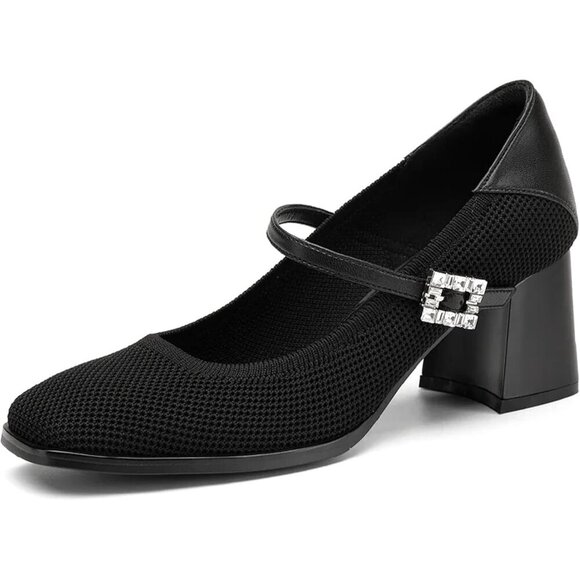 🆕 Women's Chunky Mid Block Heels Mary Jane Rhinestone Buckle Work Pumps Black - Picture 1 of 5